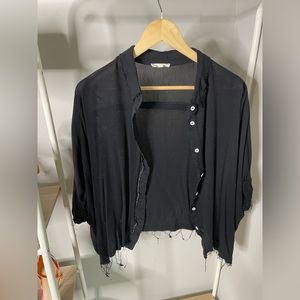 Distressed button down short sleeve shirt